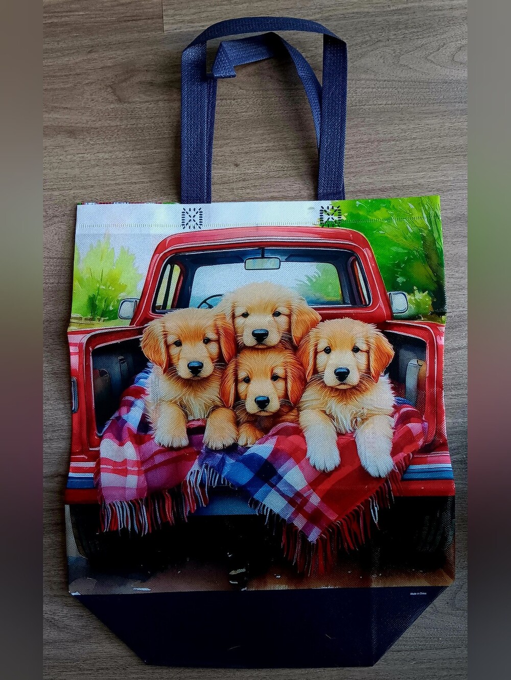 Reusable Tote Bag with Golden Retriever Puppies - Blue Handles